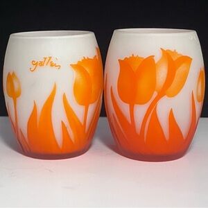2 GALLE ‘Style’ CANDLE HOLDERS / Acid Etched Glass / ORANGE OVER WHITE / Taiwan